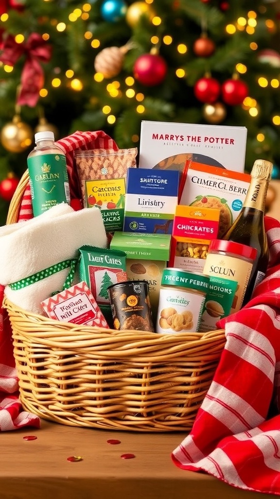 Christmas Gift Basket Ideas for Families A festive Christmas gift basket with snacks, games, and decorations, surrounded by holiday lights.